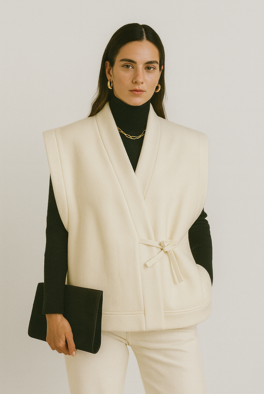 Femme portant un kimono sans manche VENDÔME en laine Arctic Wolf. Inspiré du passage Vendôme, disponible en deux longueurs, confection artisanale à Paris en série très limitée.