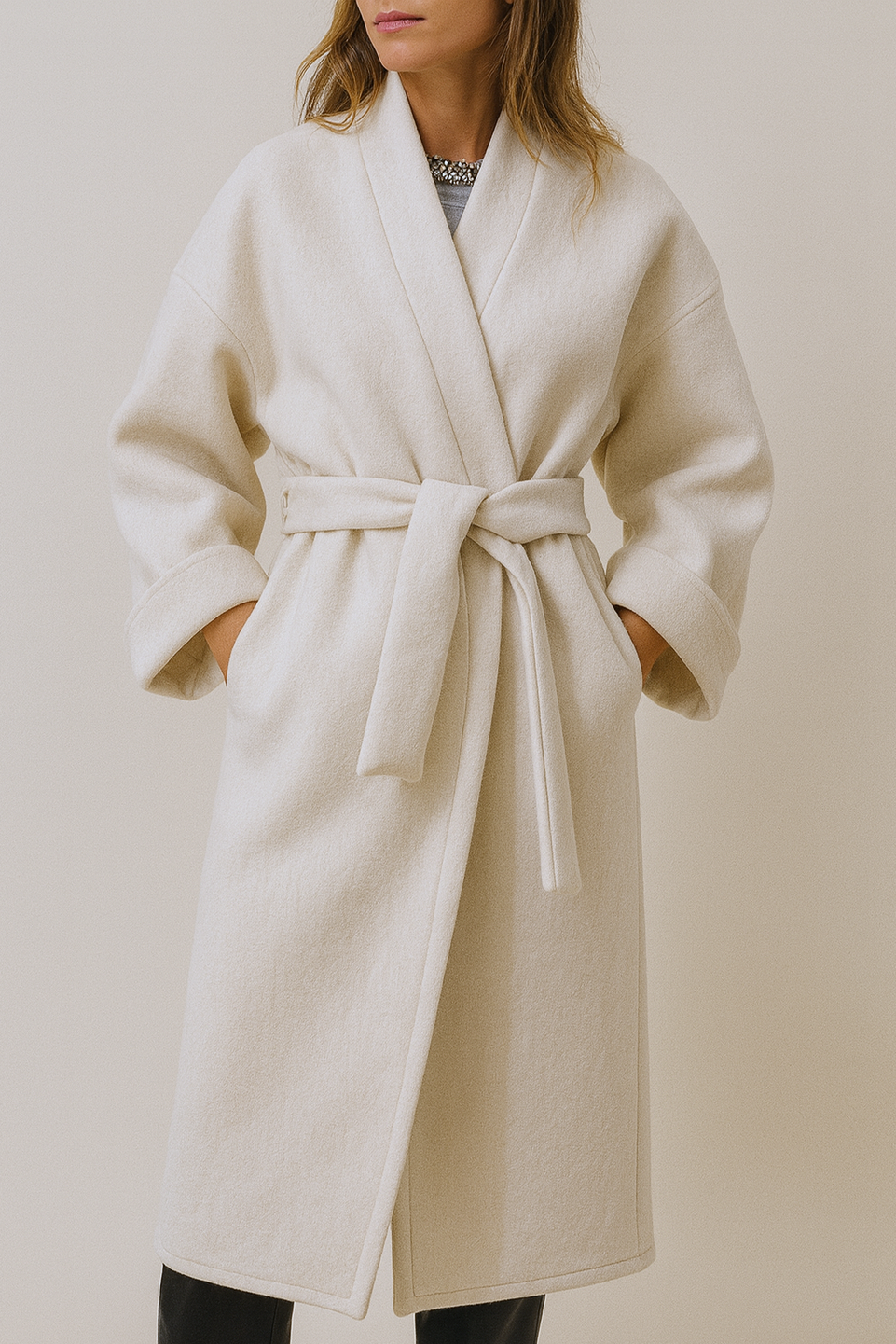 Femme portant un manteau kimono long en laine blanche. Une pièce élégante et contemporaine, fabriquée à la main, à Paris, en série très limitée. 