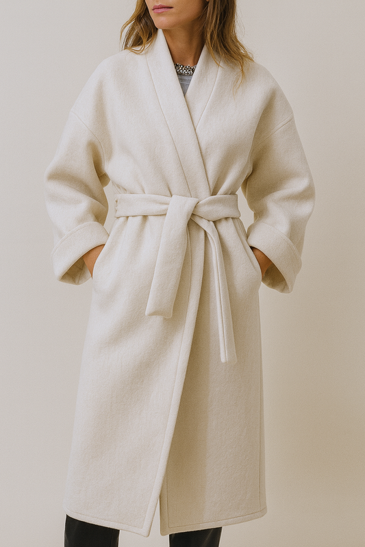 Femme portant un manteau kimono long en laine blanche. Une pièce élégante et contemporaine, fabriquée à la main, à Paris, en série très limitée. 
