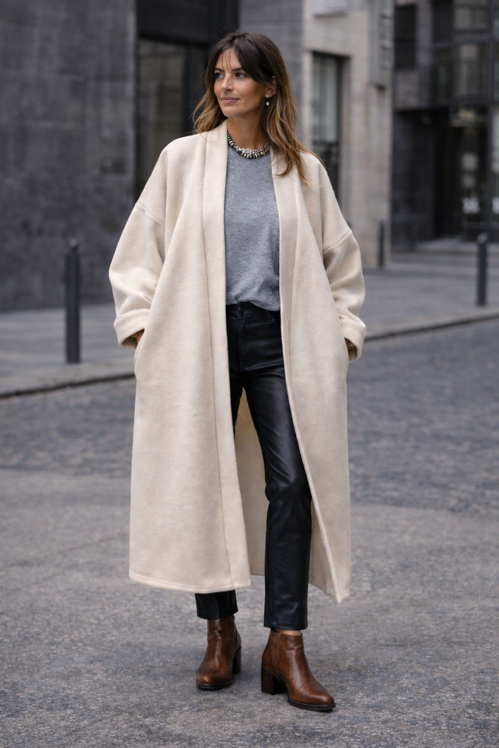Femme portant un manteau kimono long en laine blanche. Une pièce élégante et contemporaine, fabriquée à la main, à Paris, en série très limitée. 