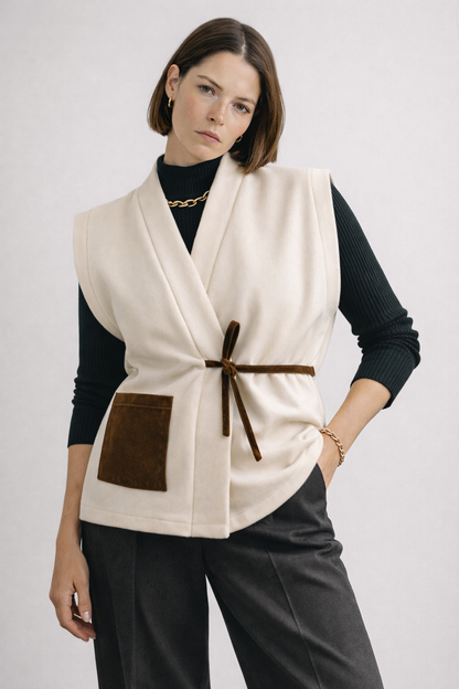 Femme portant un kimono sans manche MADELEINE en laine blanche et velours marron. Inspiré de la Galerie de la Madeleine, deux longueurs disponibles, confection artisanale à Paris en série limitée.