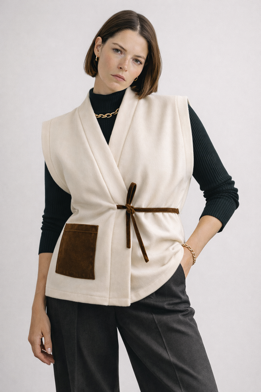 Femme portant un kimono sans manche MADELEINE en laine blanche et velours marron. Inspiré de la Galerie de la Madeleine, deux longueurs disponibles, confection artisanale à Paris en série limitée.