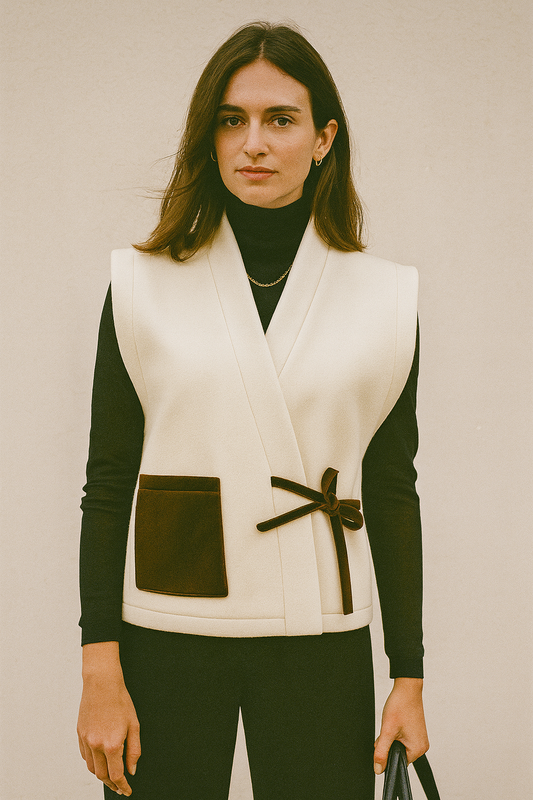 Femme portant un kimono sans manche MADELEINE en laine blanche et velours marron. Inspiré de la Galerie de la Madeleine, deux longueurs disponibles, confection artisanale à Paris en série limitée.