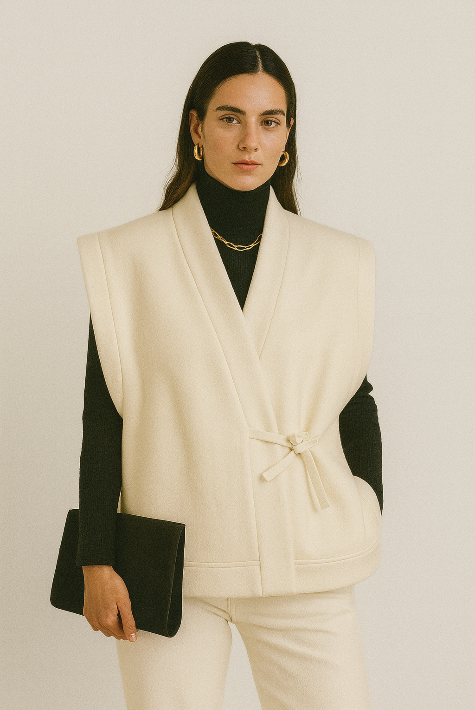 Femme portant un kimono sans manche VENDÔME en laine Arctic Wolf. Inspiré du passage Vendôme, disponible en deux longueurs, confection artisanale à Paris en série très limitée.