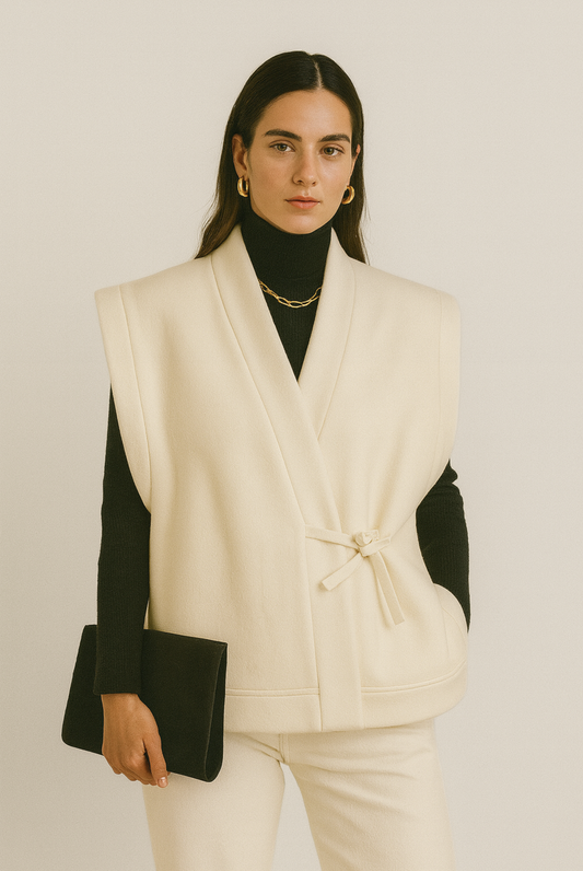 Femme portant un kimono sans manche VENDÔME en laine Arctic Wolf. Inspiré du passage Vendôme, disponible en deux longueurs, confection artisanale à Paris en série très limitée.