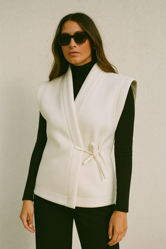 Femme portant un kimono sans manche VENDÔME en laine Arctic Wolf. Inspiré du passage Vendôme, disponible en deux longueurs, confection artisanale à Paris en série très limitée.